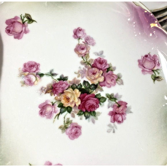 Art Nouveau Germany dessert bread plates set of 6 pink & yellow flowers romantic - Picture 3 of 9